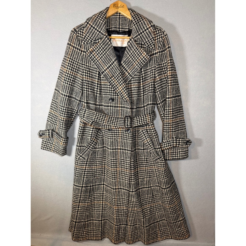 Vintage Pendleton Wool Trench Coat Houndstooth Glen Plaid Double Breasted Belted